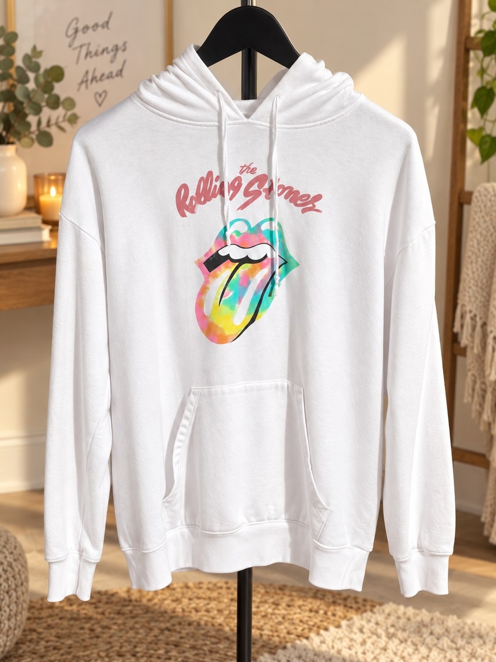 The Rolling Stones White Graphic Hoodie Pastel Tie-Dye Lick Tongue Logo Sweats L